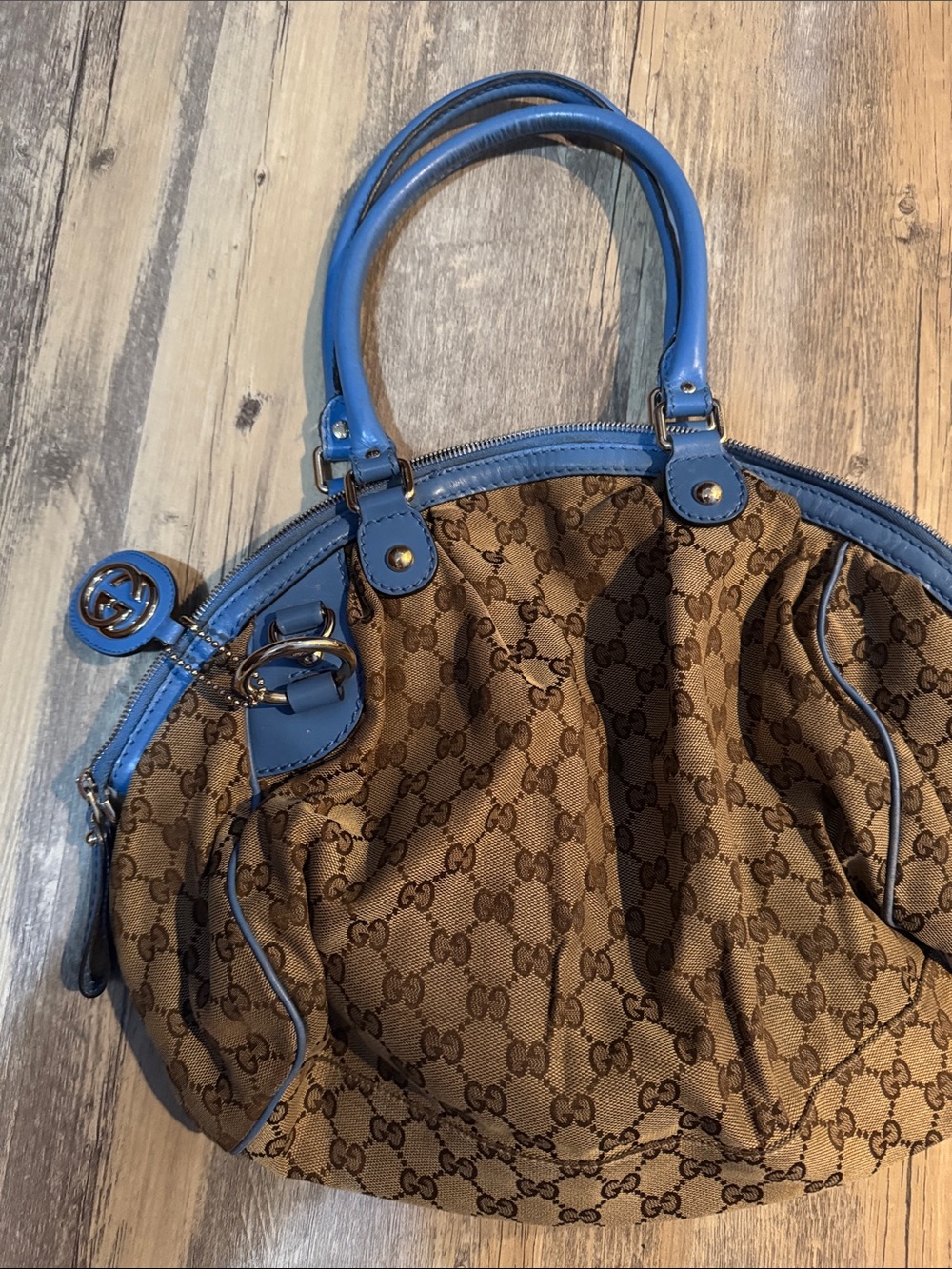 Gucci Brown GG Canvas Shoulder Bag with Blue Trim and Handles